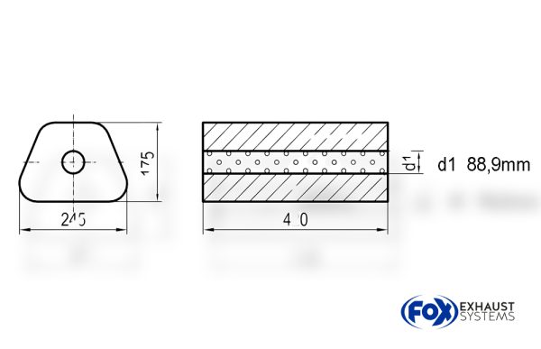 Uni-Schalldämpfer Trapezoid ohne Stutzen - Abwicklung 711 245x175mm, d1Ø 88,9mm außen - Länge: 420mm