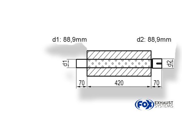 Uni-Schalldämpfer Trapezoid mit Stutzen - Abwicklung 711 245x175mm, d1Ø 88,9mm außen - d2Ø 88,9mm innen - Länge: 420mm