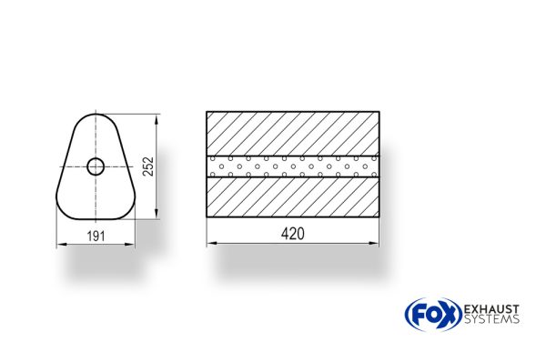 Uni-Schalldämpfer Dreieckig ohne Stutzen - Abwicklung 725 191x252mm, d1Ø 101,6mm außen - Länge: 420mm