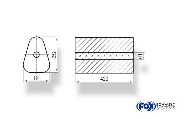 Uni-Schalldämpfer Dreieckig ohne Stutzen - Abwicklung 725 191x252mm, d1Ø 50mm außen - Länge: 420mm