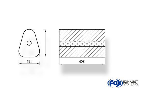 Uni-Schalldämpfer Dreieckig ohne Stutzen - Abwicklung 725 191x252mm, d1Ø 63,5mm außen - Länge: 420mm