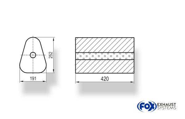 Uni-Schalldämpfer Dreieckig ohne Stutzen - Abwicklung 725 191x252mm, d1Ø 70mm außen - Länge: 420mm