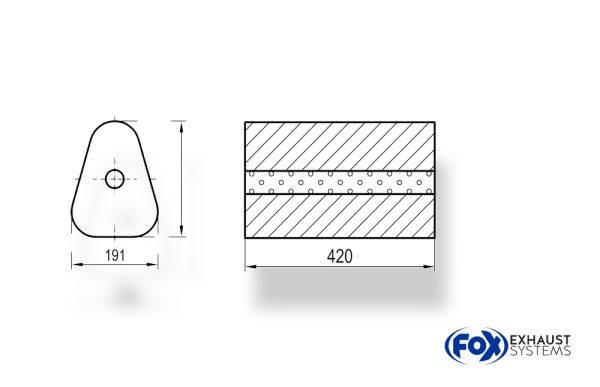 Uni-Schalldämpfer Dreieckig ohne Stutzen - Abwicklung 725 191x252mm, d1Ø 76mm außen - Länge: 420mm