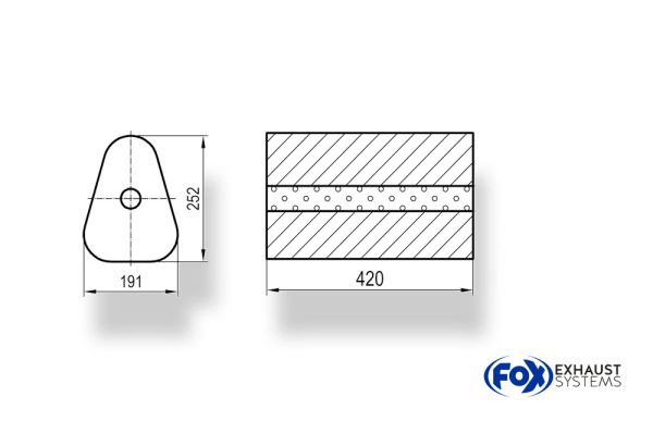 Uni-Schalldämpfer Dreieckig ohne Stutzen - Abwicklung 725 191x252mm, d1Ø 88,9mm außen - Länge: 420mm