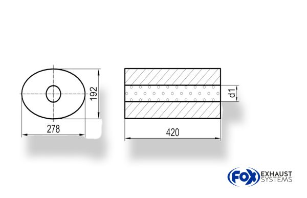 Uni-Schalldämpfer oval ohne Stutzen - Abwicklung 754 278x192mm, d1Ø 101,6mm außen - Länge: 420mm