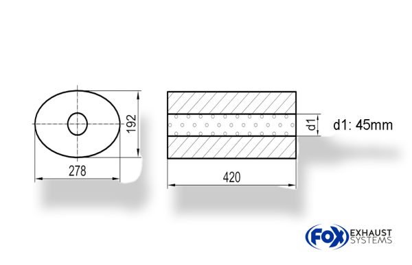 Uni-Schalldämpfer oval ohne Stutzen - Abwicklung 754 278x192mm, d1Ø 45mm, Länge: 420mm