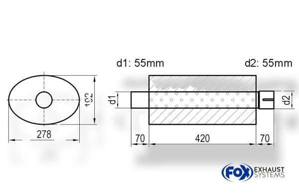 Uni-Schalldämpfer oval mit Stutzen - Abwicklung 754 278x192mm, d1Ø 55mm  d2Ø 55mm, Länge: 420mm