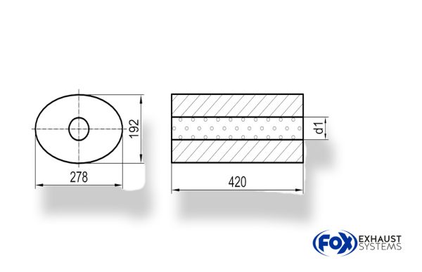 Uni-Schalldämpfer oval ohne Stutzen - Abwicklung 754 278x192mm, d1Ø 63,5mm, Länge: 420mm