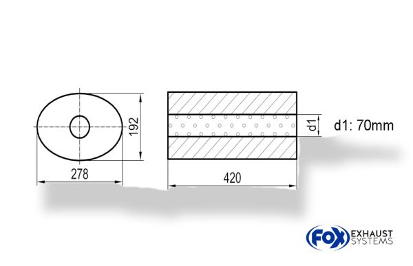 Uni-Schalldämpfer oval ohne Stutzen - Abwicklung 754 278x192mm, d1Ø 70mm, Länge: 420mm