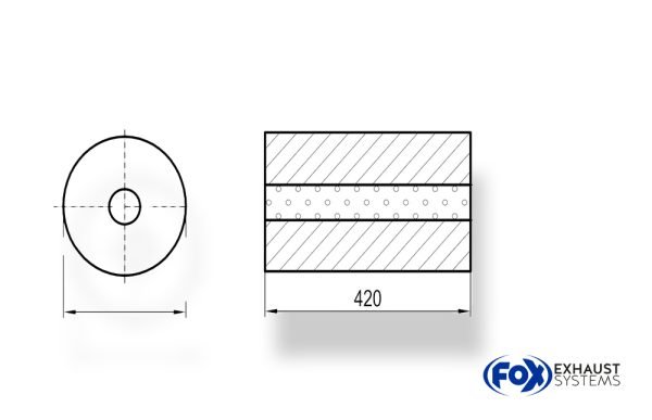 Uni-Schalldämpfer rund ohne Stutzen - Abwicklung 784 Ø 250mm, d1: 101,6mm, Länge: 420mm