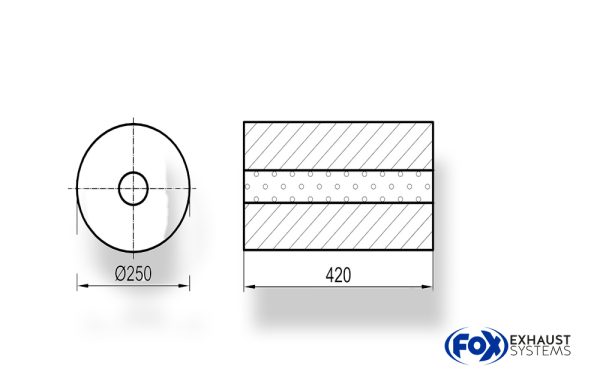 Uni-Schalldämpfer rund ohne Stutzen - Abwicklung 784 Ø 250mm, d1: 50mm, Länge: 420mm