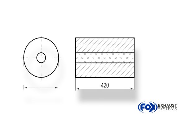 Uni-Schalldämpfer rund ohne Stutzen - Abwicklung 784 Ø 250mm, d1: 76mm, Länge: 420mm