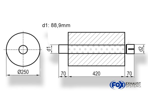 Uni-Schalldämpfer rund mit Stutzen - Abwicklung 784 Ø 250mm, d1: 88,9mm, d2: 88,9mm innen - Länge: 420mm