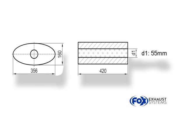 Uni-Schalldämpfer oval ohne Stutzen - Abwicklung 818 356x160mm, d1Ø 55mm, Länge: 420mm