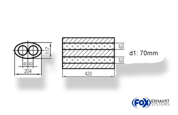 Uni-Schalldämpfer oval zweiflutig - Abwicklung 525 204x117mm, d1Ø 70mm, Länge: 420mm