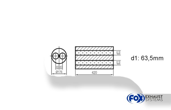 Uni-Schalldämpfer rund ohne Stutzen - Abwicklung 556 Ø176mm, zweiflutig d1Ø 63mm, Länge: 420mm -Ø 176mm