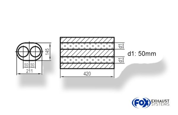 Uni-Schalldämpfer oval zweiflutig - Abwicklung 585 211x145mm, d1Ø 50mm, Länge: 420mm