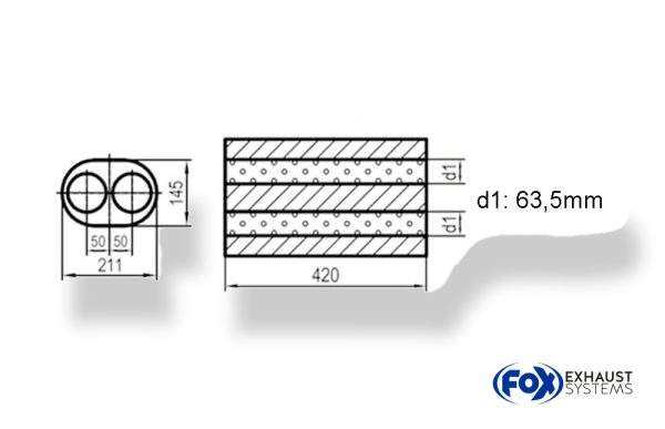 Uni-Schalldämpfer oval zweiflutig - Abwicklung 585 211x145mm, d1Ø 63,5mm, Länge: 420mm