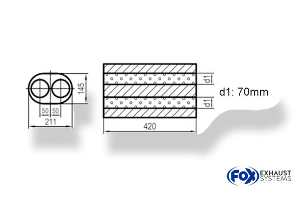 Uni-Schalldämpfer oval zweiflutig - Abwicklung 585 211x145mm, d1Ø 70mm, Länge: 420mm