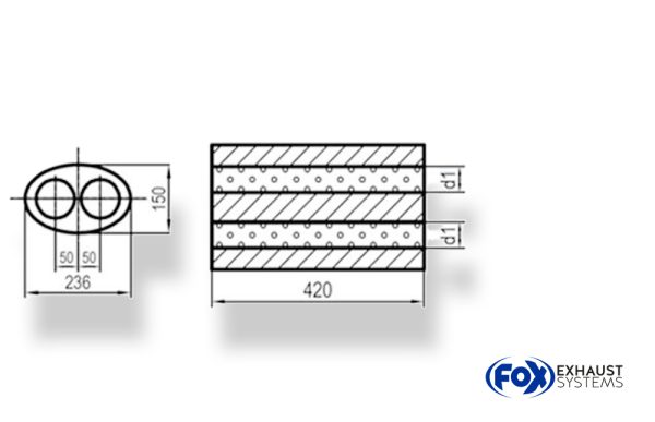 Uni-Schalldämpfer oval zweiflutig - Abwicklung 618 236x150mm, d1Ø 45mm, Länge: 420mm