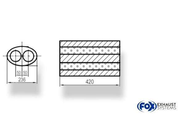 Uni-Schalldämpfer oval zweiflutig - Abwicklung 618 236x150mm, d1Ø 63,5mm, Länge: 420mm