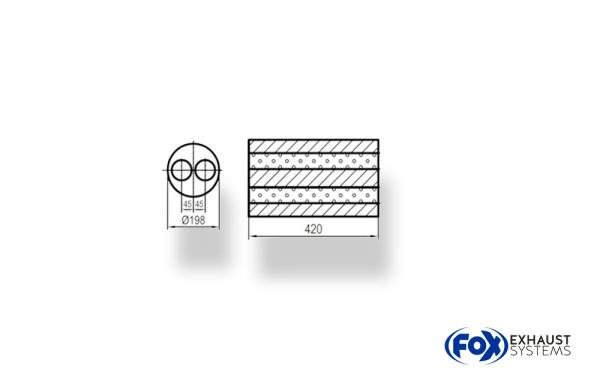 Uni-Schalldämpfer rund zweiflutig - Abwicklung 626 Ø 198mm, zweiflutig, d1Ø 70mm, Länge: 420mm -Ø 198mm
