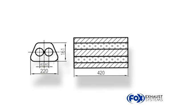 Uni-Schalldämpfer Trapezoid zweiflutig - Abwicklung 644 220x161mm, d1Ø 45mm, Länge: 420mm