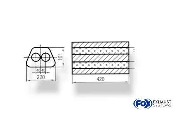 Uni-Schalldämpfer Trapezoid zweiflutig - Abwicklung 644 220x161mm, d1Ø 70mm, Länge: 420mm