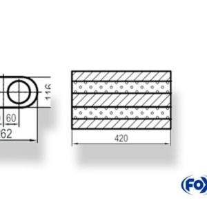 Uni-Schalldämpfer oval zweiflutig - Abwicklung 650 262x116mm, d1Ø 45mm, Länge: 420mm