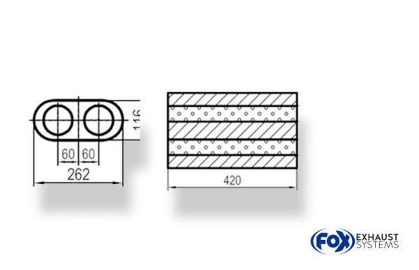 Uni-Schalldämpfer oval zweiflutig - Abwicklung 650 262x116mm, d1Ø 55mm, Länge: 420mm