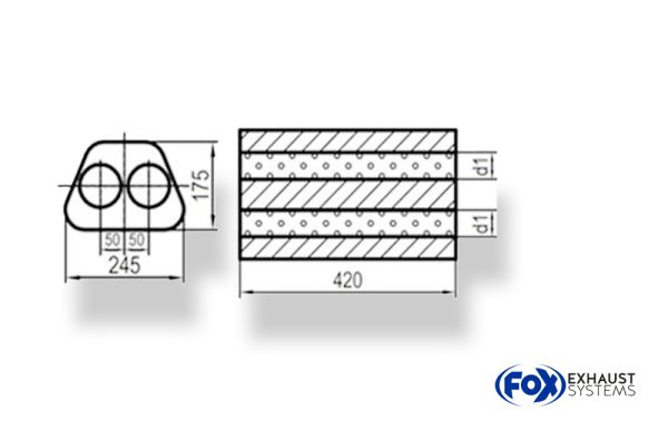 Uni-Schalldämpfer Trapezoid zweiflutig - Abwicklung 711 245x175mm, d1Ø 101,6mm  außen -, Länge: 420mm