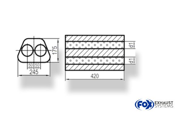 Uni-Schalldämpfer Trapezoid zweiflutig - Abwicklung 711 245x175mm, d1Ø 88,9mm  außen -, Länge: 420mm