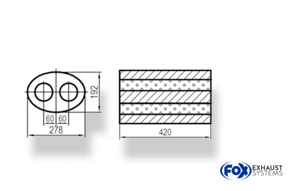 Uni-Schalldämpfer oval zweiflutig - Abwicklung 754 278x192mm, d1Ø 101,6mm  außen -, Länge: 420mm