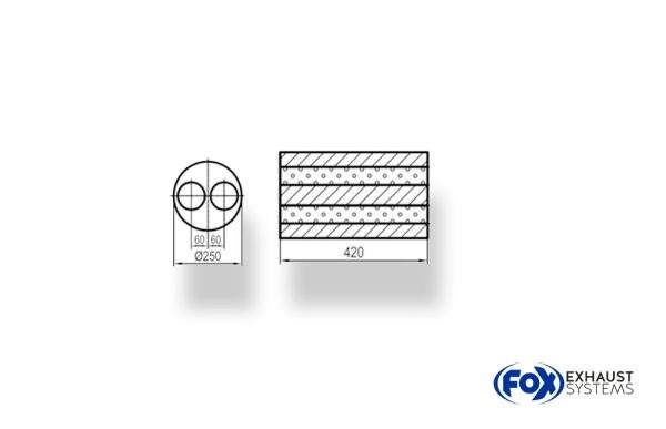 Uni-Schalldämpfer rund zweiflutig - Abwicklung 784 Ø 250mm, d1: 50mm, Länge: 420mm -Ø250mm