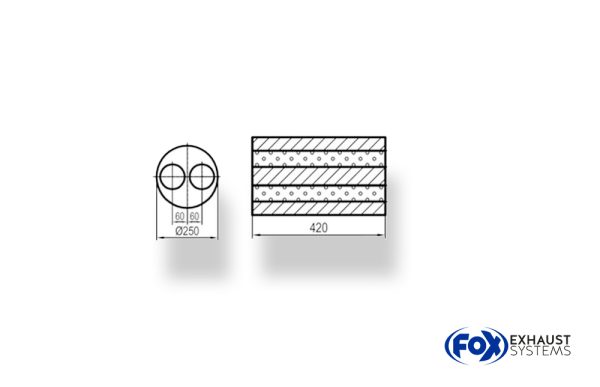 Uni-Schalldämpfer rund zweiflutig  - Abwicklung 784 Ø 250mm, d1: 55mm, Länge: 420mm -Ø250mm
