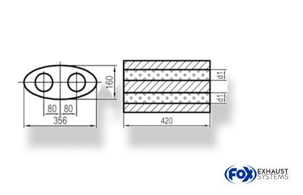 Uni-Schalldämpfer oval zweiflutig - Abwicklung 818 356x160mm, d1Ø 55mm, Länge: 420mm