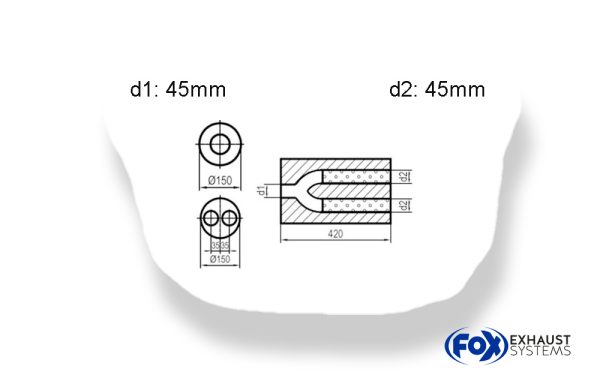 Uni-Schalldämpfer rund zweiflutig mit Hose - Abwicklung 466 Ø150mm, d1Ø 45mm  d2Ø 45mm, Länge: 420mm