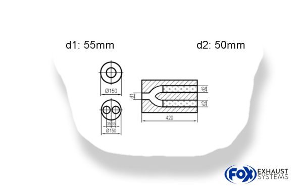 Uni-Schalldämpfer rund zweiflutig mit Hose - Abwicklung 466 Ø150mm, d1Ø 55mm  d2Ø 50mm, Länge: 420mm