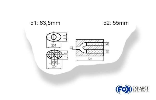 Uni-Schalldämpfer oval zweiflutig mit Hose - Abwicklung 525 204x117mm, d1Ø 63,5mm d2Ø 55mm, Länge: 420mm