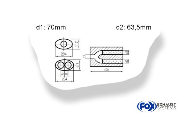 Uni-Schalldämpfer oval zweiflutig mit Hose - Abwicklung 525 204x117mm, d1Ø 70mm  d2Ø 63,5mm, Länge: 420mm