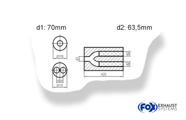 Uni-Schalldämpfer rund zweiflutig mit Hose- Abwicklung 556 Ø176mm, d1Ø 70mm außen, d2Ø 63,5mm außen, Länge: 420mm  -Ø176mm