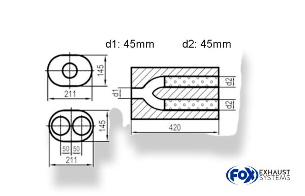 Uni-Schalldämpfer oval zweiflutig mit Hose - Abwicklung 585 211x145mm, d1Ø 45mm  d2Ø 40mm, Länge: 420mm