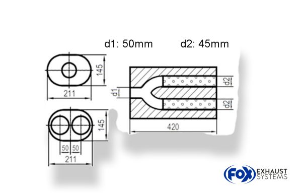 Uni-Schalldämpfer oval zweiflutig mit Hose - Abwicklung 585 211x145mm, d1Ø 50mm  d2Ø 45mm, Länge: 420mm