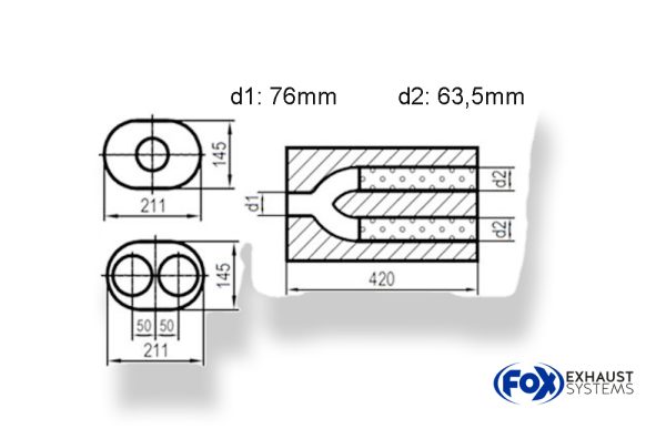 Uni-Schalldämpfer oval zweiflutig mit Hose - Abwicklung 585 211x145mm, d1Ø 70mm  d2Ø 63,5mm, Länge: 420mm