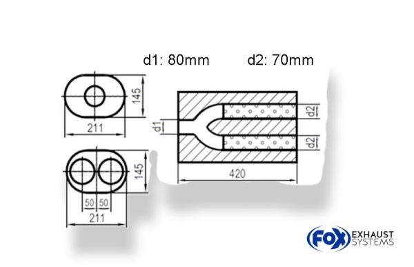 Uni-Schalldämpfer oval zweiflutig mit Hose - Abwicklung 585 211x145mm, d1Ø 76mm  d2Ø 63,5mm, Länge: 420mm