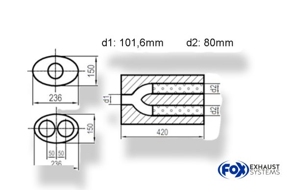 Uni-Schalldämpfer oval zweiflutig mit Hose - Abwicklung 618 236x150mm, d1Ø 101,6mm außen - d2Ø 2x80mm außen, Länge: 420mm