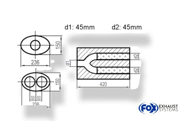 Uni-Schalldämpfer oval zweiflutig mit Hose - Abwicklung 618 236x150mm, d1Ø 45mm  d2Ø 40mm, Länge: 420mm