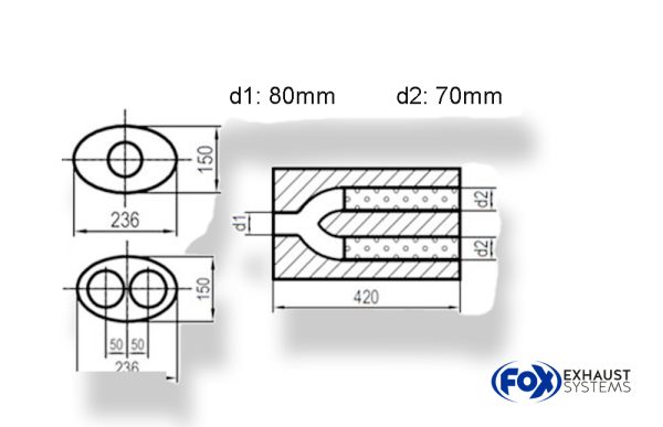 Uni-Schalldämpfer oval zweiflutig mit Hose - Abwicklung 618 236x150mm, d1Ø 80mm außen - d2Ø 2x70mm außen, Länge: 420mm