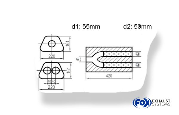 Uni-Schalldämpfer trapezoid zweiflutig mit Hose - Abw. 644 220x161mm, d1Ø 55mm  d2Ø 50mm, Länge: 420mm