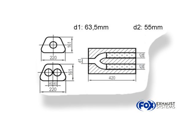 Uni-Schalldämpfer trapezoid zweiflutig mit Hose - Abw. 644 220x161mm, d1Ø 63,5mm  d2Ø 55mm, Länge: 420mm